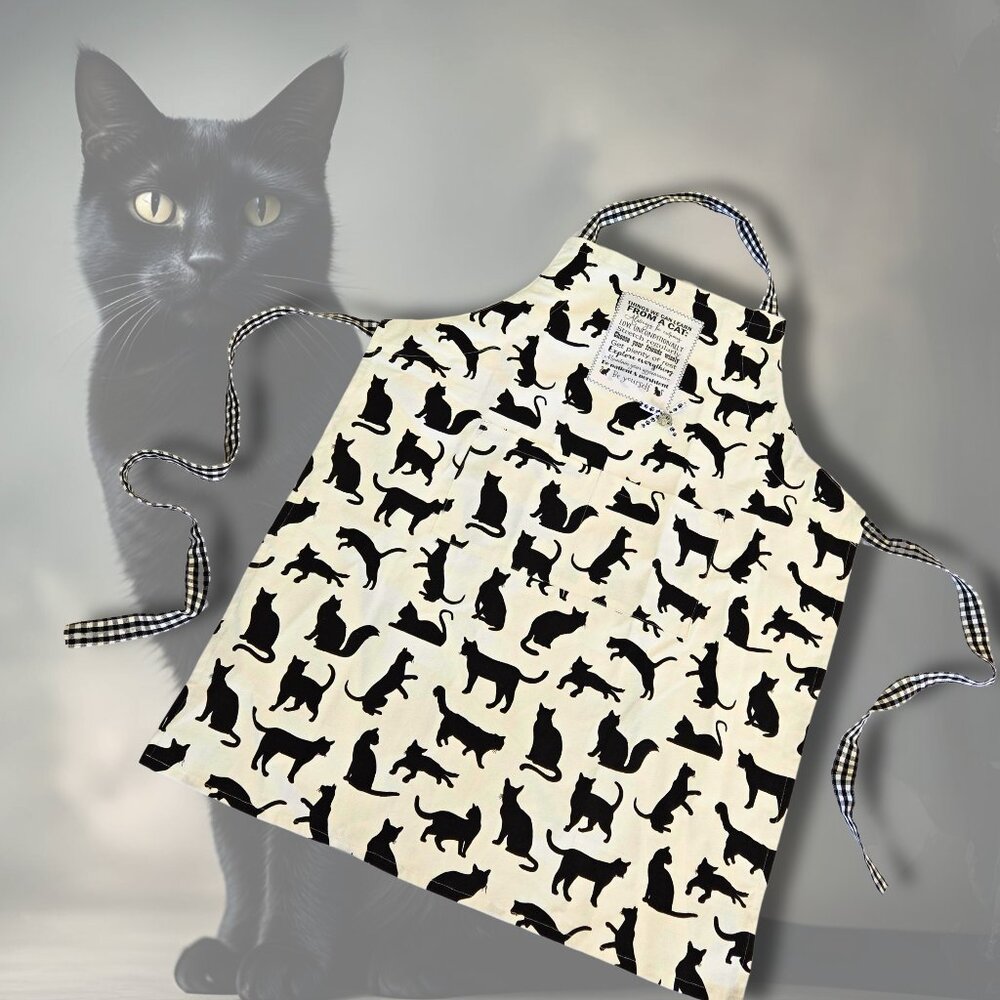 BLACK CAT APRON Handmade Heavy Canvas Gingham Ties, Applique, Paw Charm, Pockets